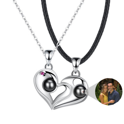 Couples 925 Silver Heart-shaped Photo Projection Necklaces