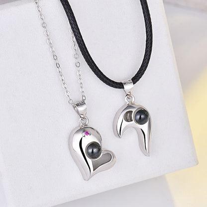 Couples 925 Silver Heart-shaped Photo Projection Necklaces