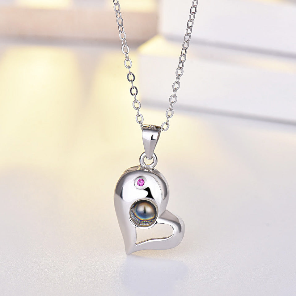 Couples 925 Silver Heart-shaped Photo Projection Necklaces