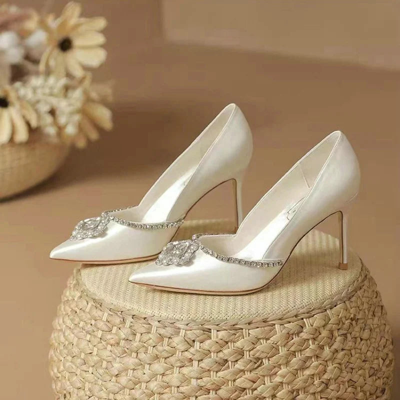 Rose Satin Rhinestone Heels